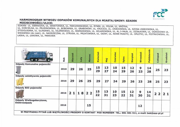 Harmonogram wywozu odpadów komunalnych styczeń - grudzień 2016